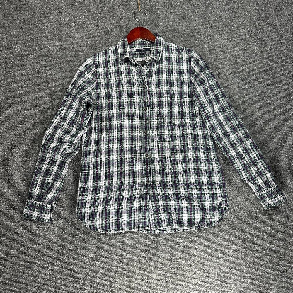 Madewell Top Womens Small Long Sleeve Button Up Green Blue Plaid Pocket